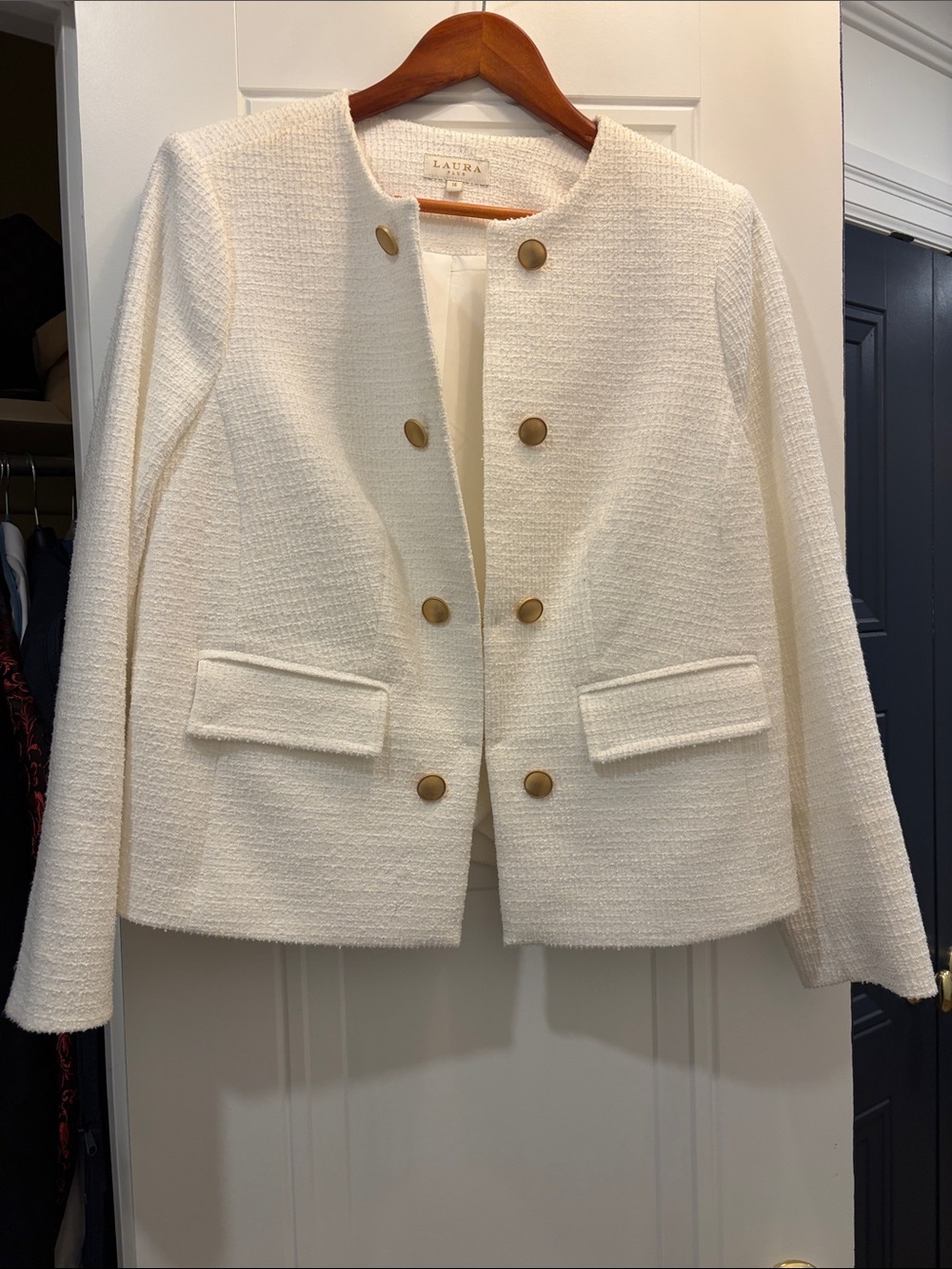 LAURA White Tweed Collarless Blazer with Gold Buttons
